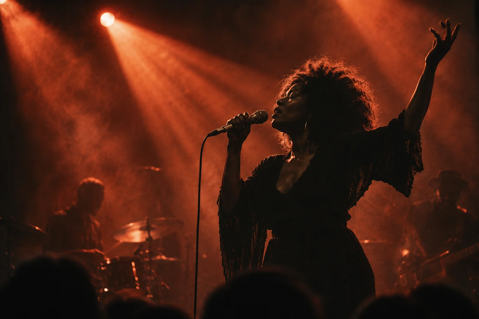 A singer performing onstage under dramatic warm spotlights