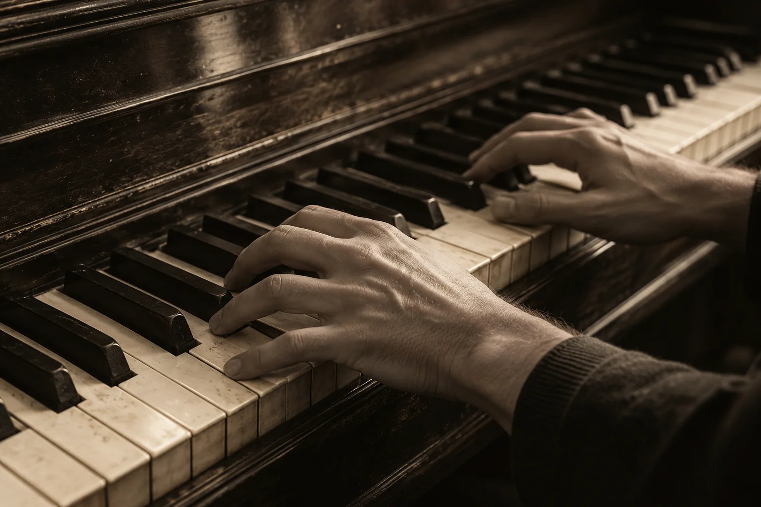 Hands playing the keys of a vintage piano in soft studio light