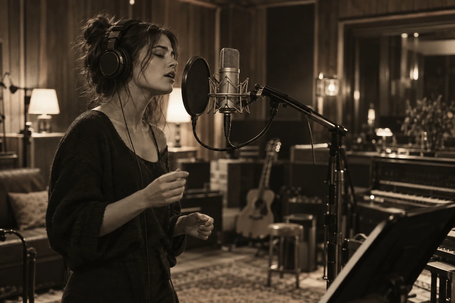 A vocalist wearing headphones during an intimate recording studio session
